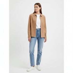 CACHE Leather Shirt Jacket Women Size S Tan Button Front Collar Machine Washable